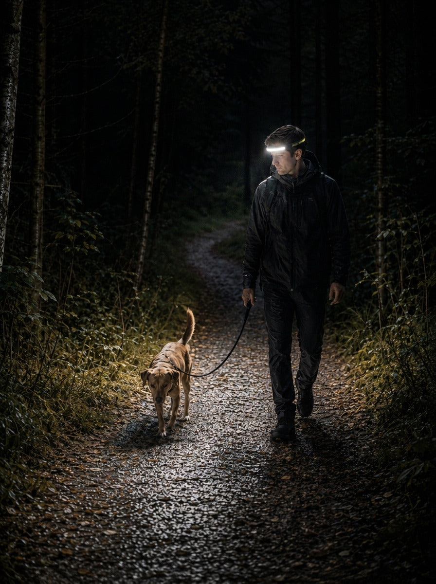 Person med hund på skogsstig i mörker, pannlampan lyser upp stigen
