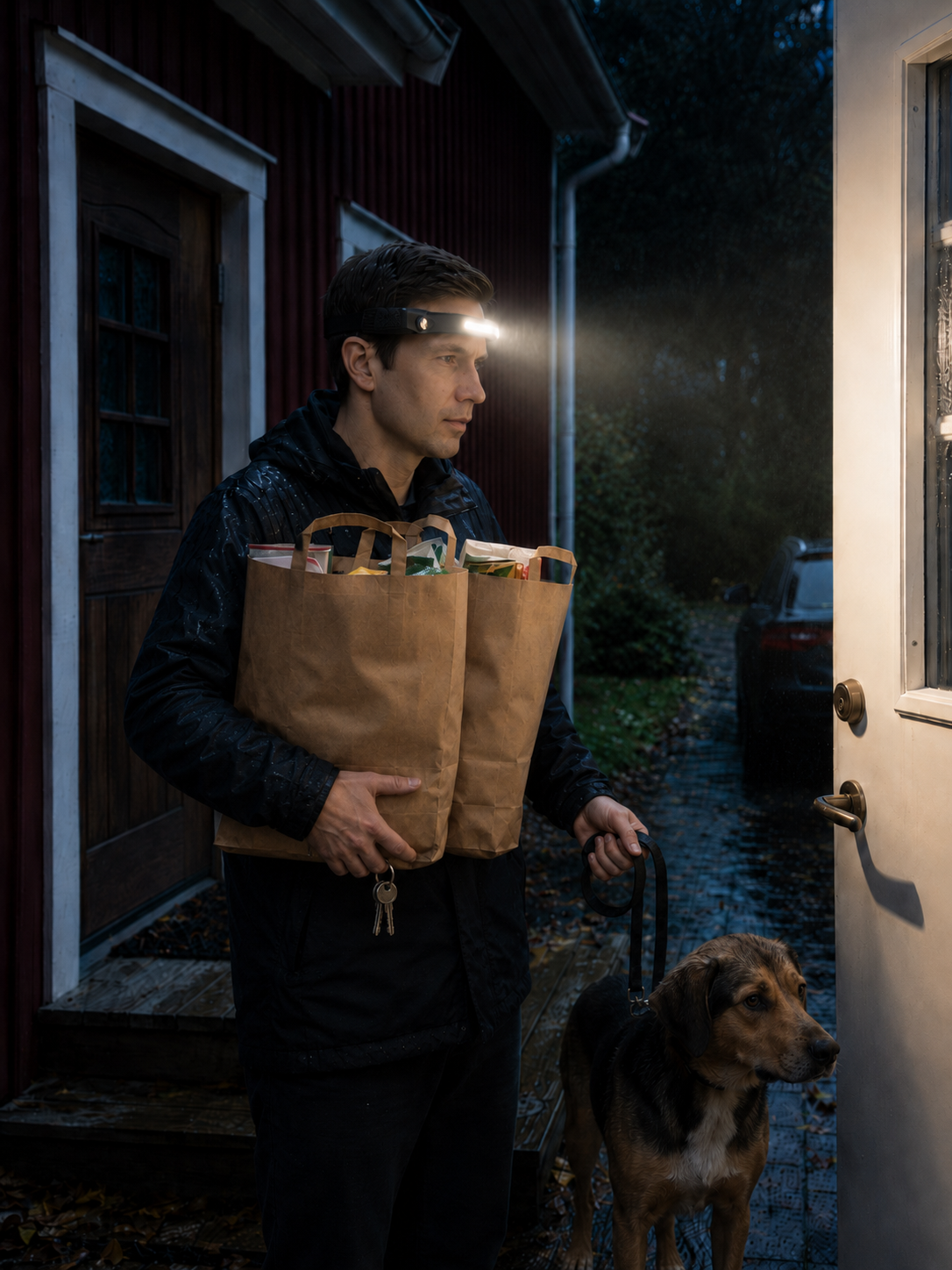 Man med matkassar och hundkoppel vid ytterdorren, pannlampan tand