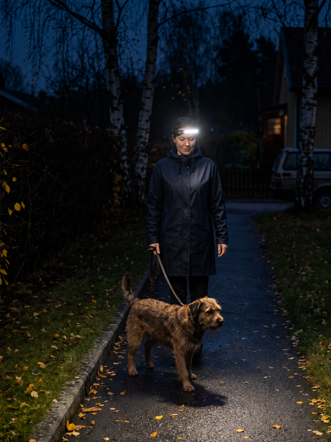 Kvinna med hund pa en villagata i skymningen, pannlampans COB-remsa lyser brett